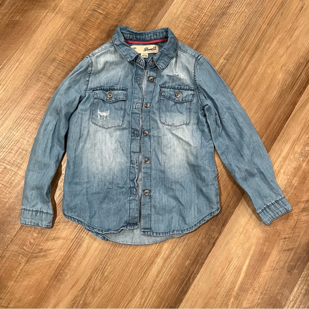 Denim Co Jean Button down long sleeve shirt faded light blue with worn accents